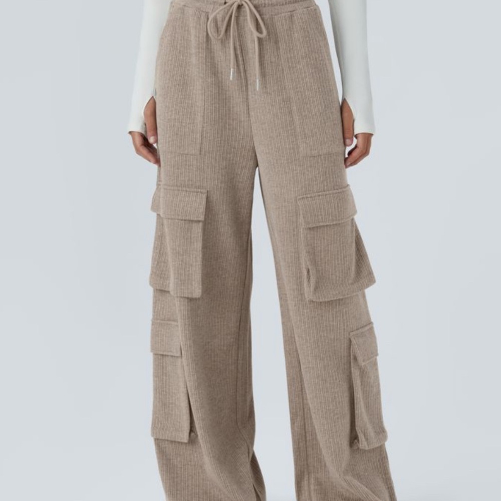 HALARA Ribbed Mid Rise Drawstring Multiple Pockets Wide Leg Cargo Casual Pants